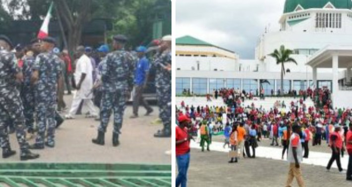 Protesters pull down NASS gate disrupt ministerial screening